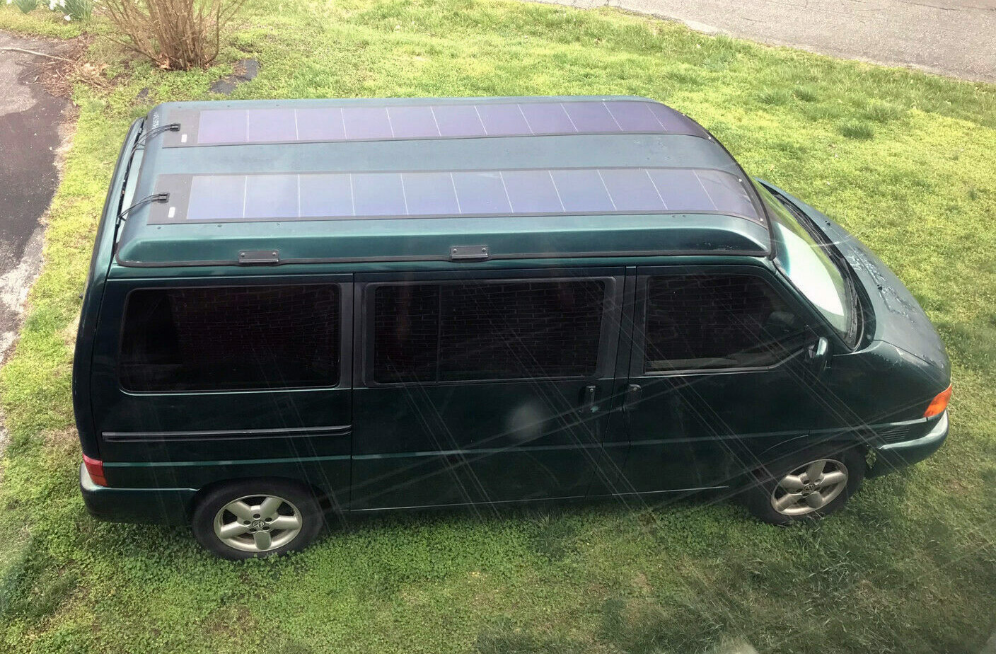 Solar strips on this Volkswagen Eurovan Camper keep the battery charged.