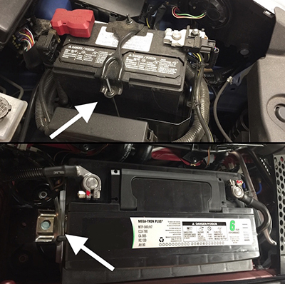 Car batteries are held with a top bracket (top) or a bottom clamp (bottom).