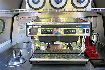 A fully equipped coffee truck is ready to dole out the espresso.