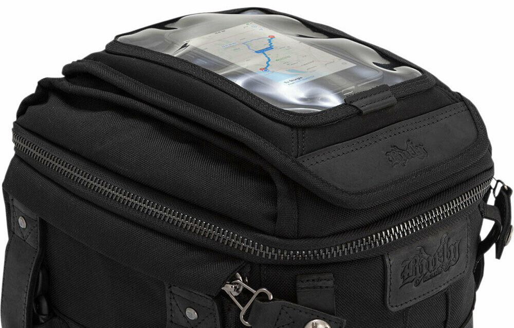 The Burly Brand Tank Bag provides a see-through pocket for storing your phone.