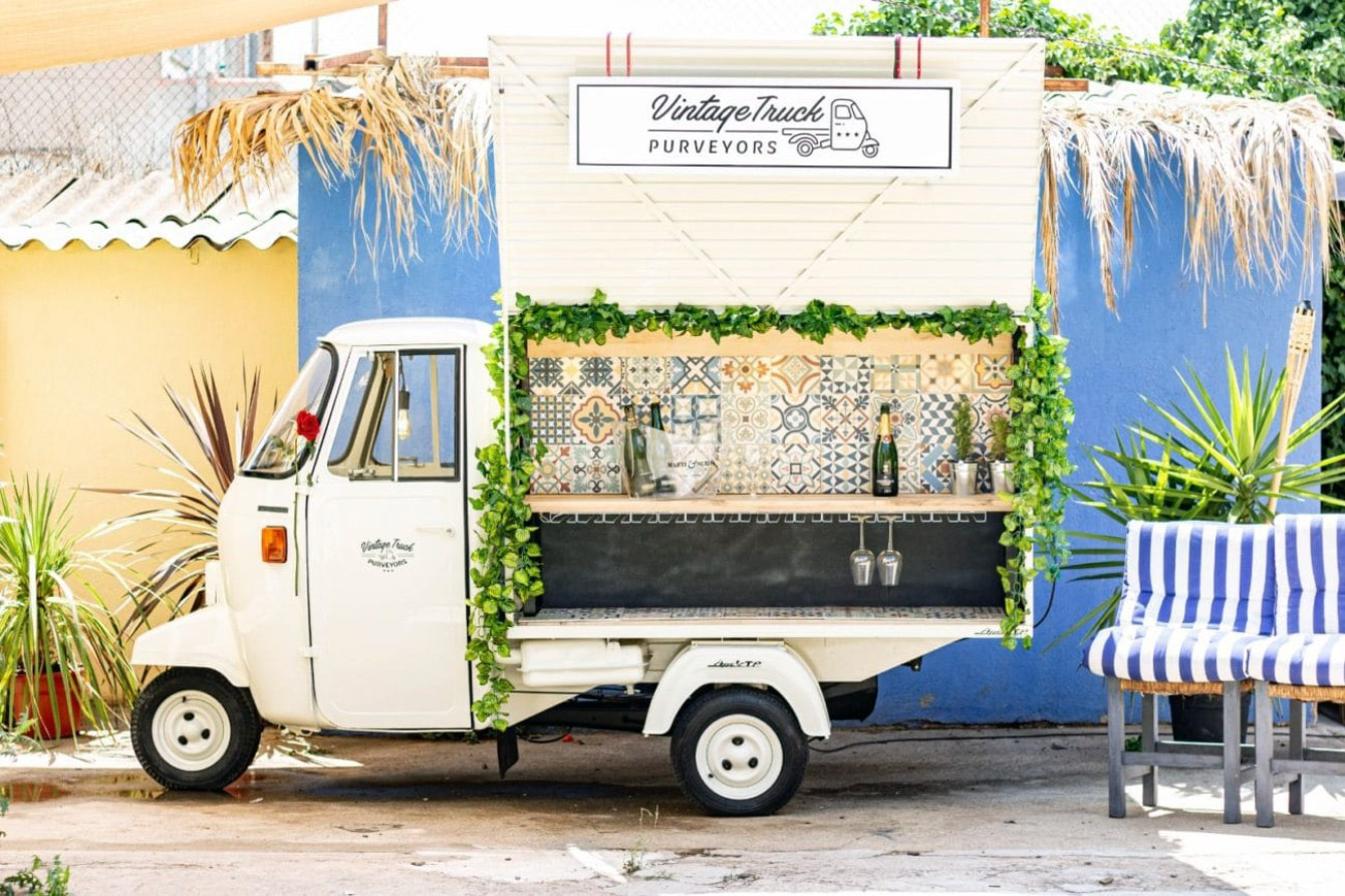 This Piaggio Ape truck serves up cava at weddings and other events.