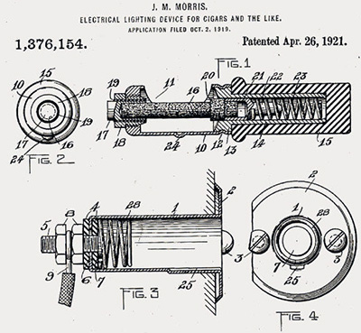 A 1921 patent drawing for lighting "cigars and the like" in the car.