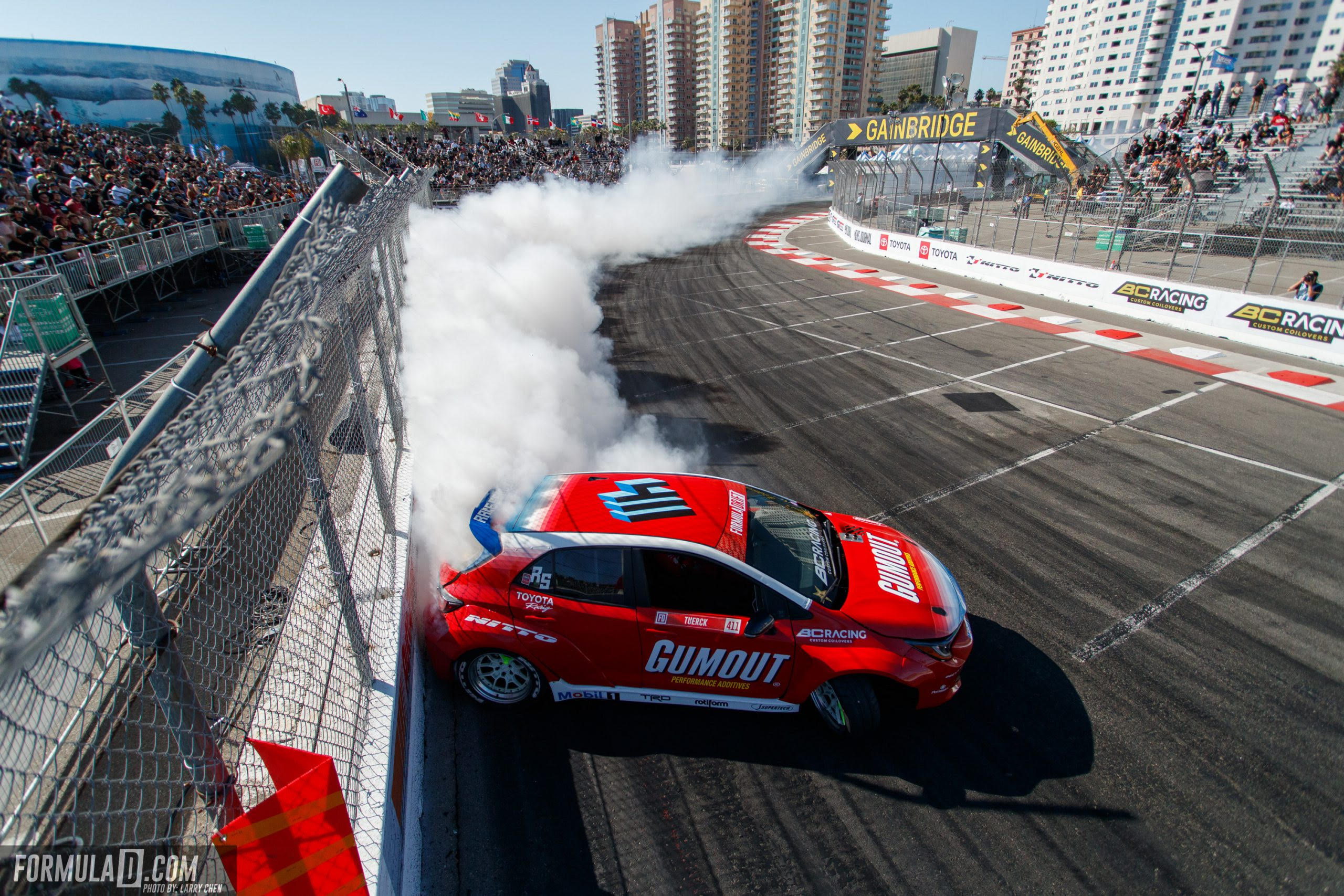 Ryan Tuerck's Gumout Toyota Corolla drifting on a track