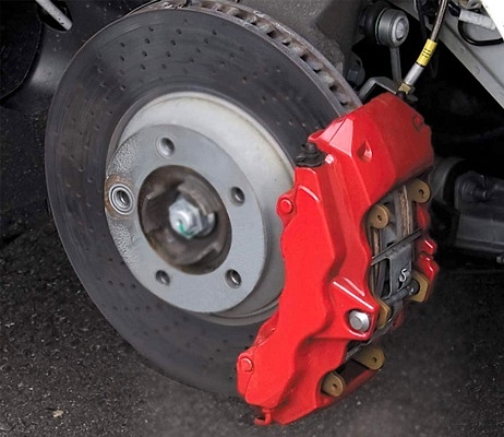 Upgrade Your Look Brake Caliper Painting EBay Motors Blog   Red Brake Caliper On Drilled Rotor 462x400 