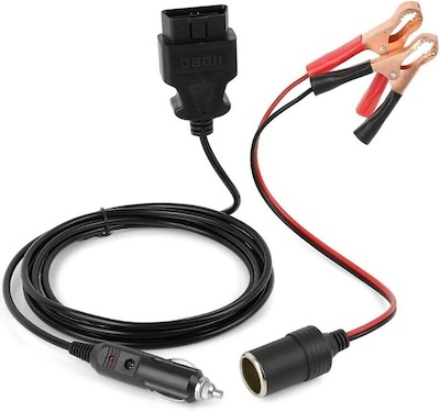 A dual-connector unit with a 12-volt cigarette lighter plug and battery clips